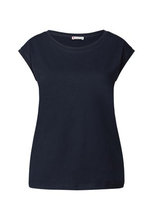 Camiseta de manga corta de color azul marino, hecha de algodón, con cuello redondo y un corte holgado. Textura suave con sutiles detalles de costura.