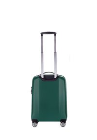 Valigia rigida verde con finitura testurizzata, accenti neri, maniglia in alluminio estensibile, quattro ruote e chiusura a zip.