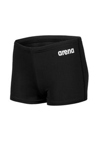 Zwarte zwemshorts van het merk Arena met een wit logo op de bovenste linkerzijde, voorzien van een snug, vierkante snit.