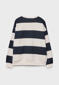 Felpa a righe navy e crema con vestibilità comoda, scollo rotondo e polsini a costine. Realizzata in morbido tessuto di cotone. Nessun dettaglio hardware visibile.