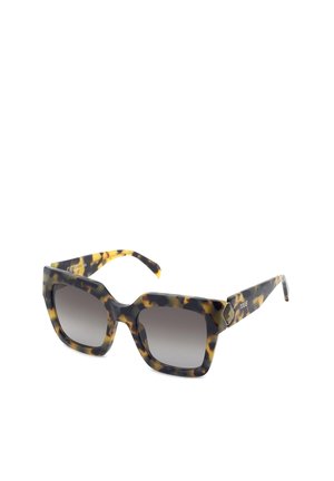 Lunettes de soleil carrées avec montures en motif écaille de tortue et verres gris dégradés, inclinées pour montrer la vue de face et de profil.