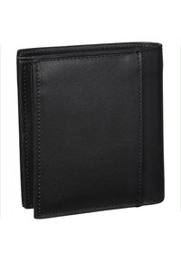 Sort bifold-tegnebogen lavet af tekstureret læder med synlige sømme. Kompakt design med flere kortlommer og rum.