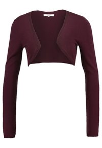 Burgundský krátký kardigan s dlouhými rukávy, vyrobený z měkkého pleteného materiálu. Má hluboký výstřih do V a otevřený přední design.