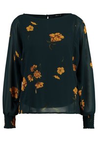 Blouse vert foncé à manches longues bouffantes, ornée de motifs floraux jaunes. Dotée d'une fermeture boutonnée au dos et de poignets froncés.