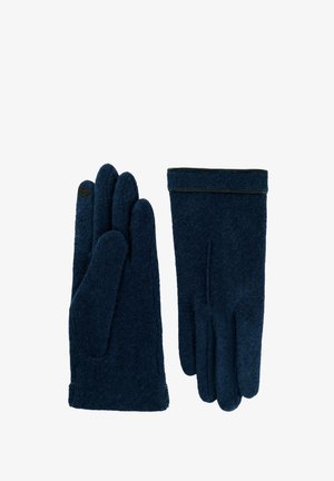 Ein Paar marineblaue Wollhandschuhe, einer zeigt die Handinnenseite mit einem schwarzen Touchscreen-Patch am Zeigefinger, der andere zeigt die Rückseite.