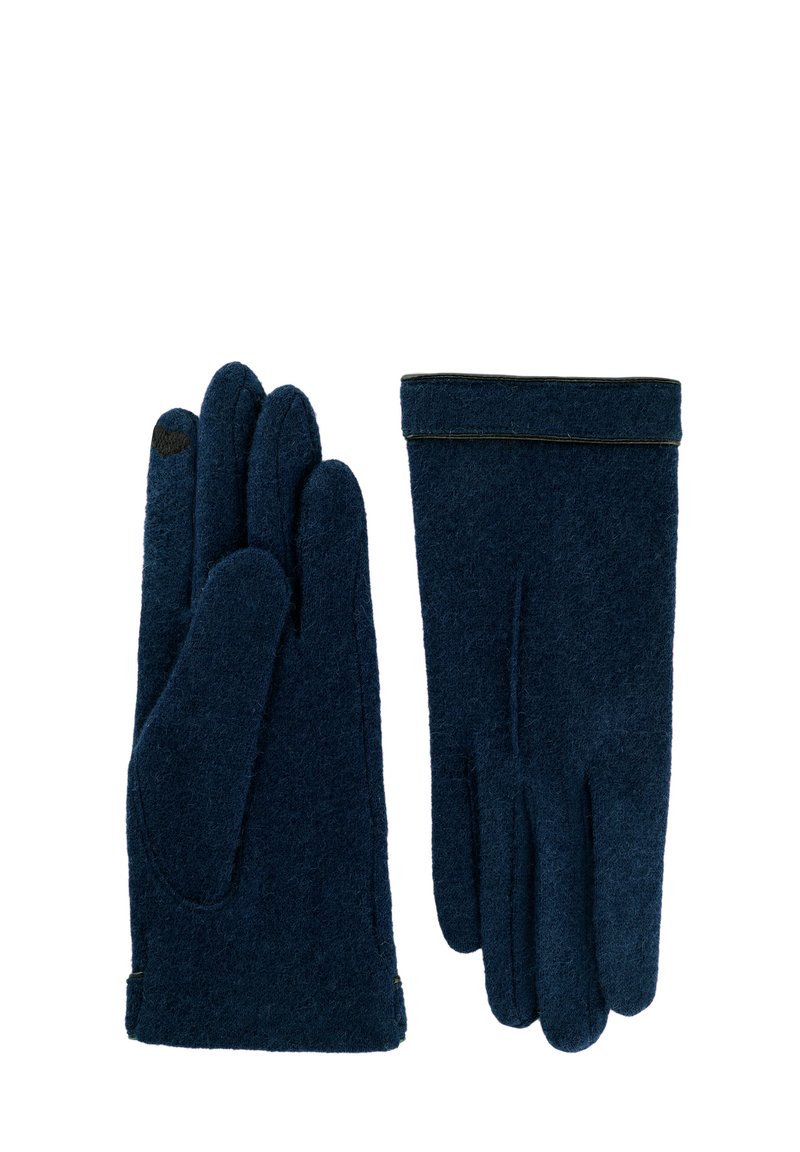 Pair of navy blue wool gloves, one showing palm side with a black touchscreen patch on index finger, the other showing back side.