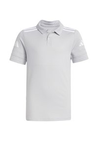 Hellgrau Poloshirt aus strukturiertem Stoff, mit drei weißen Streifen auf den Schultern und Logo-Akzenten an den Ärmeln.