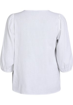 Blouse blanche à manches trois-quarts bouffantes avec poignets froncés, vue de dos sur un fond uni.