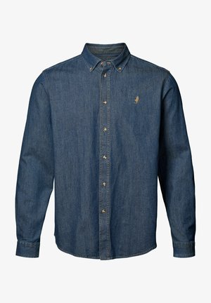 Džínová košeľa na gombíky v tmavomodrej farbe s ostrým golierom, dlhými rukávmi, kovovými gombíkmi a malým vyšitým logom na hrudi.