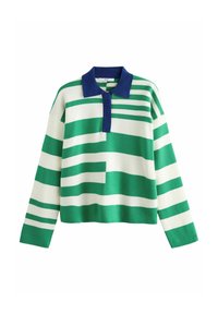Grøn- og hvidstribet sweater med en marineblå polo-krave, lange ærmer og en afslappet pasform. Fremstillet af blødt strikket materiale.