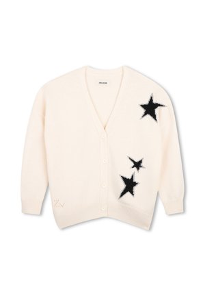 Cardigan crème boutonné avec trois motifs étoiles noires sur le côté droit et col en V.