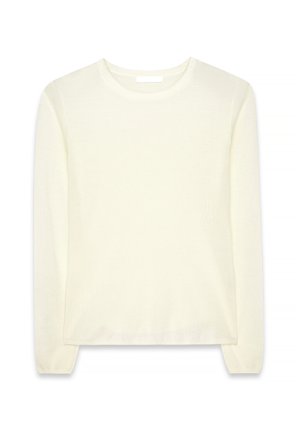 Cream long-sleeve sweater made from soft fabric, featuring a round neckline and slim fit. Minimalist design with no additional embellishments.