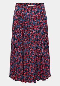 Jupe plissée longueur genou avec un motif abstrait rouge, rose, bleu et noir et une ceinture ajustée.