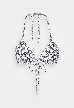 Svart og hvit blomstret bikinitopp, med trekantet design, halterneck-snøring og frontsnøring med tynne stropper.