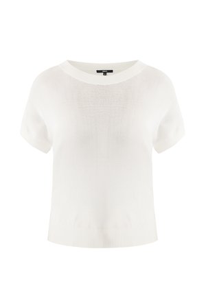 Suéter blanco de punto con mangas cortas, cuello redondo y dobladillo acanalado, con una textura suave y apariencia ligera.