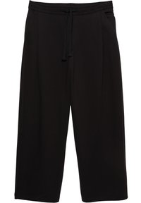 Schwarze weite Hosen aus weichem, dehnbarem Material. Mit elastischem Bund und Kordelzug sowie seitlichen Taschen.
