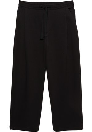 Pantaloni neri a gamba larga realizzati in un materiale morbido ed elasticizzato. Presentano una vita elastica con cordino e tasche laterali.