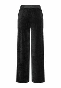 Pantalons larges en velours côtelé noir avec une texture ribbed, présentant une ceinture lisse et sans poches ni accents visibles.