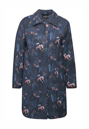 Cappotto navy con motivo floreale in tonalità di rosa e blu. Presenta un colletto, maniche lunghe e chiusura con bottoni. Tessuto morbido.
