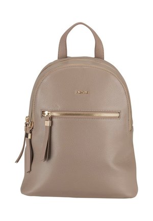 Taupe leather backpack with gold zippers, front zippered pocket, top handle, and brand logo centered above the pocket.