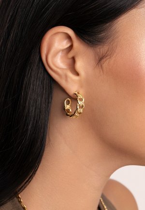 Gros plan sur l'oreille d'une femme aux cheveux lisses et foncés portant une boucle d'oreille hoop en chaîne dorée épaisse.