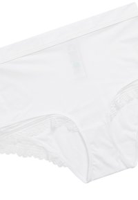 Chiloți albi din bumbac, cu linii de dantelă pe margini, având o textură netedă și un elastic la talie. Design simplu, clasic.