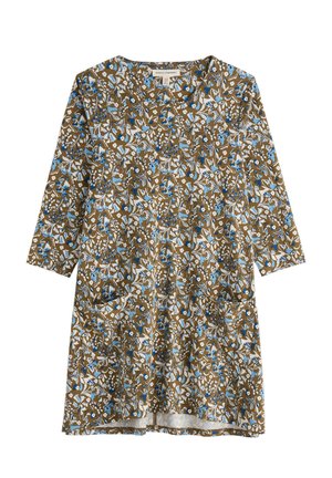Vestido marrón con estampado floral, mangas tres cuartos, con motivos azules y blancos, bolsillos y escote redondeado. Tela suave y ligera.