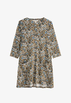 Hnedé kvetinové šaty s tromištvrte rukávmi, zdobené modrými a bielymi vzormi, s vreckami a zaobleným výstrihom. Mäkká, ľahká látka.
