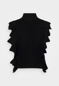 Haut en tricot noir avec un col haut et des accents décoratifs à volants le long des épaules et des côt�és, avec une finition lisse et texturée.