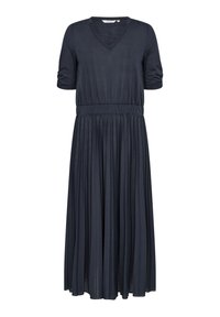 Mörkblå maxiklänning med korta ärmar och v-ringning. Har en figursydd bodice och en flödande, plisserad kjol för en luftig silhuett.
