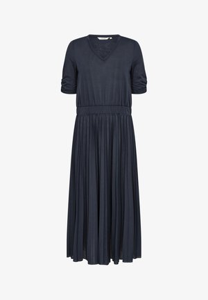Navyblauwe maxi-jurk met korte mouwen en een V-hals. Beschikt over een getailleerd lijfje en een vloeiende, geplooide rok voor een luchtige silhouet.