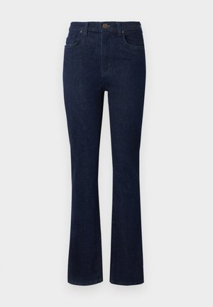 Mørkeblå dongeribukser med brede ben, fem lommer og knappelukking i livet. Glatt tekstur med minimal søm.