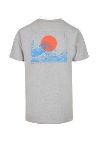 Gray cotton t-shirt featuring a blue wave design and an orange sun on the back, with Japanese text and a rectangular border.