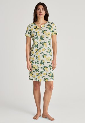 Korte mouw jurk van lichte stof met een citroen- en bladenpatroon, met een inkeping kraag en een recht model, in pastelkleuren.