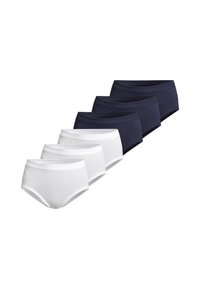 Zestaw bielizny bawełnianej, zawiera trzy pary w kolorze białym i trzy pary w granatowym. Każda para ma gładki pas i bezszwowy fason, zapewniając komfort i dopasowanie.