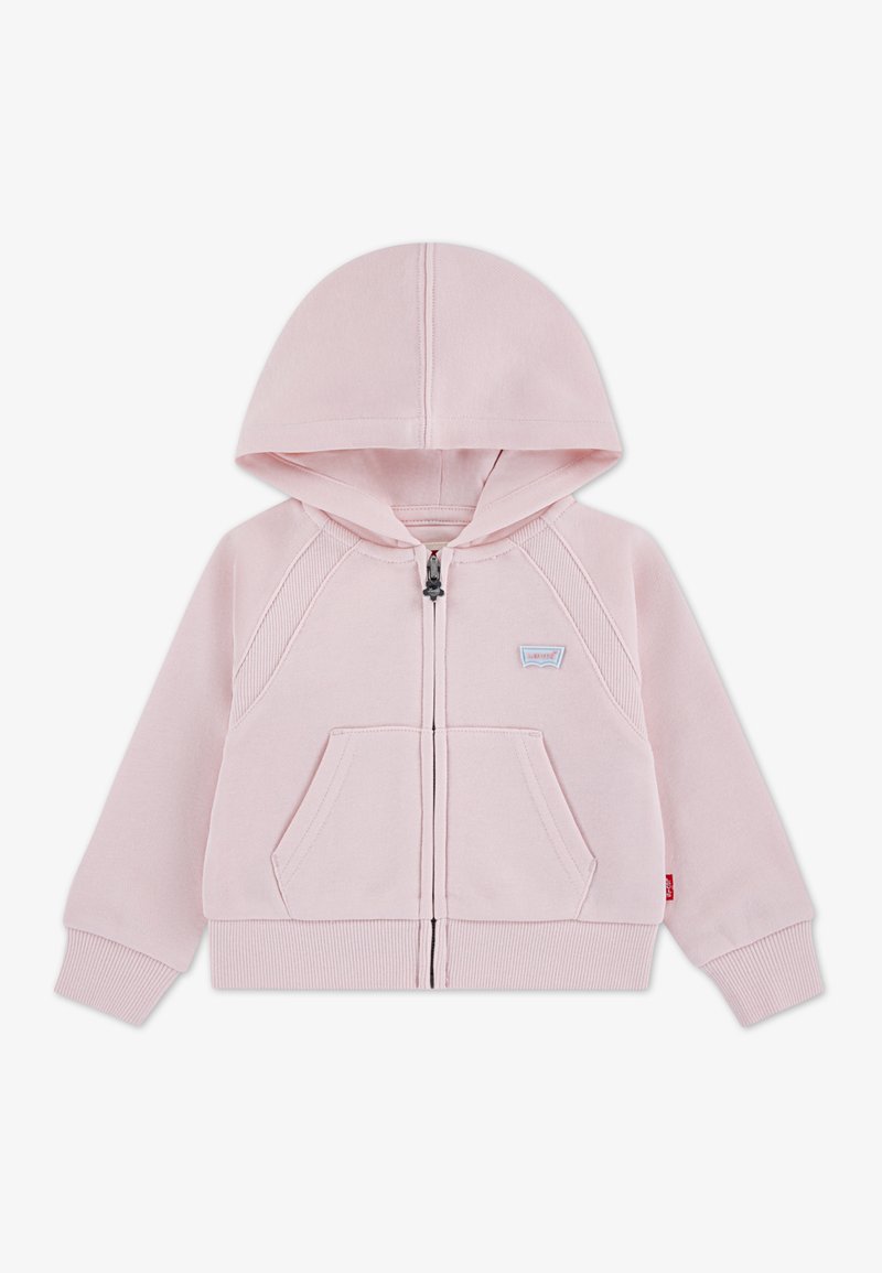 Ροζ φούτερ με φερμουάρ, από βαμβακερό μείγμα, διαθέτει κουκούλα, μπροστινές τσέπες τύπου καγκουρό, ριμπ μανσέτες και μικρό κεντητό λογότυπο στο στήθος.