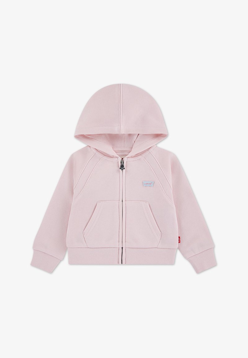 Roze hoodie met ritssluiting, gemaakt van een katoenmix, voorzien van een capuchon, buidelzakken aan de voorkant, geribbelde boorden en een klein geborduurd logo op de borst.