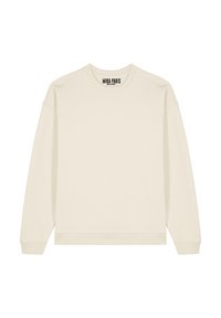 Felpa beige con colletto a girocollo a coste, spalle scese e polsini a coste. Presenta una texture semplice e liscia e un design minimal.