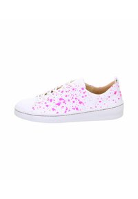 White sneakers with pink splatter pattern, low-top design, round toe, white laces, and textured rubber sole.