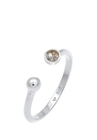 Offene Ring aus Sterlingsilber mit runder Oberfläche, die einen hellbraunen, strukturierten Stein und an der gegenüberliegenden Seite eine kleine Silbersphäre enthält.
