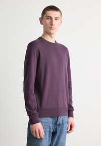 Maglione a maglia viola con scollo a girocollo e polsini a costine, indossato con jeans blu; presenta un piccolo logo sul petto.