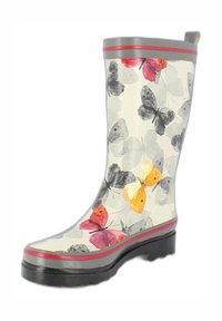 Regenschoen met een witte basis, voorzien van een vlinderpatroon in roze, geel en grijs. Inclusief een grijze bovenrand en een gestructureerde zwarte zool.