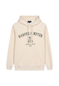 Sudadera color crema hecha de una tela suave, con un bolsillo frontal, capucha con cordones y un estampado gráfico de un oso de peluche con texto.