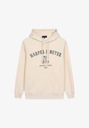 Kremowy hoodie wykonany z miękkiego materiału, z kieszenią z przodu, sznurkiem w kapturze oraz graficznym nadrukiem przedstawiającym misia teddy z tekstem.