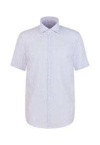 Overhemdjurk met korte mouwen, lichtblauw-witte verticale strepen en een klassieke puntkraag.