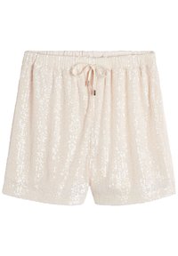 Shorts à sequins de couleur beige clair, présentant une texture côtelée, une taille élastique et un cordon de serrage ajustable avec des embouts métalliques.