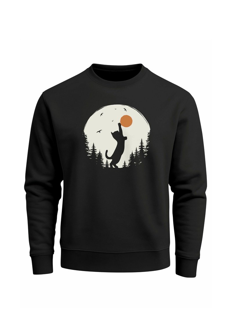 Black sweatshirt featuring a graphic of a cat silhouetted against a large moon with an orange circle, surrounded by trees and birds.