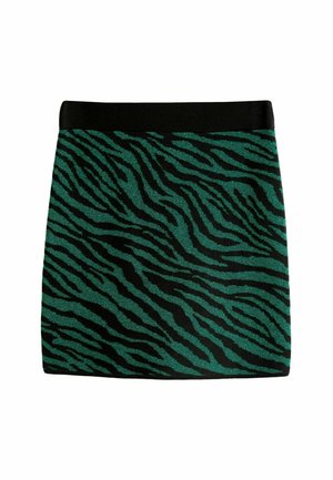 Strick-Minikleid mit einem schwarz und türkis gestreiften Tigerdesign, einem einfarbigen schwarzen Bund und einer strukturierten Oberfläche.