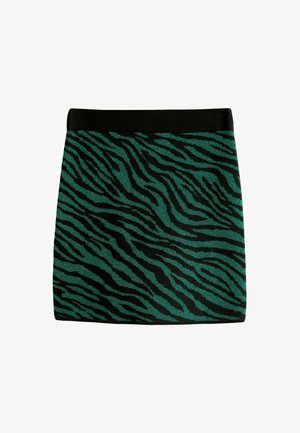 Knit mini skirt featuring a black and teal tiger stripe pattern, with a solid black waistband and a textured finish.