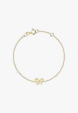 Zarte Goldkette-Armbanduhr mit einem durchbrochenen Schmetterlingsanhänger und einem Federringverschluss auf einem weißen Hintergrund.